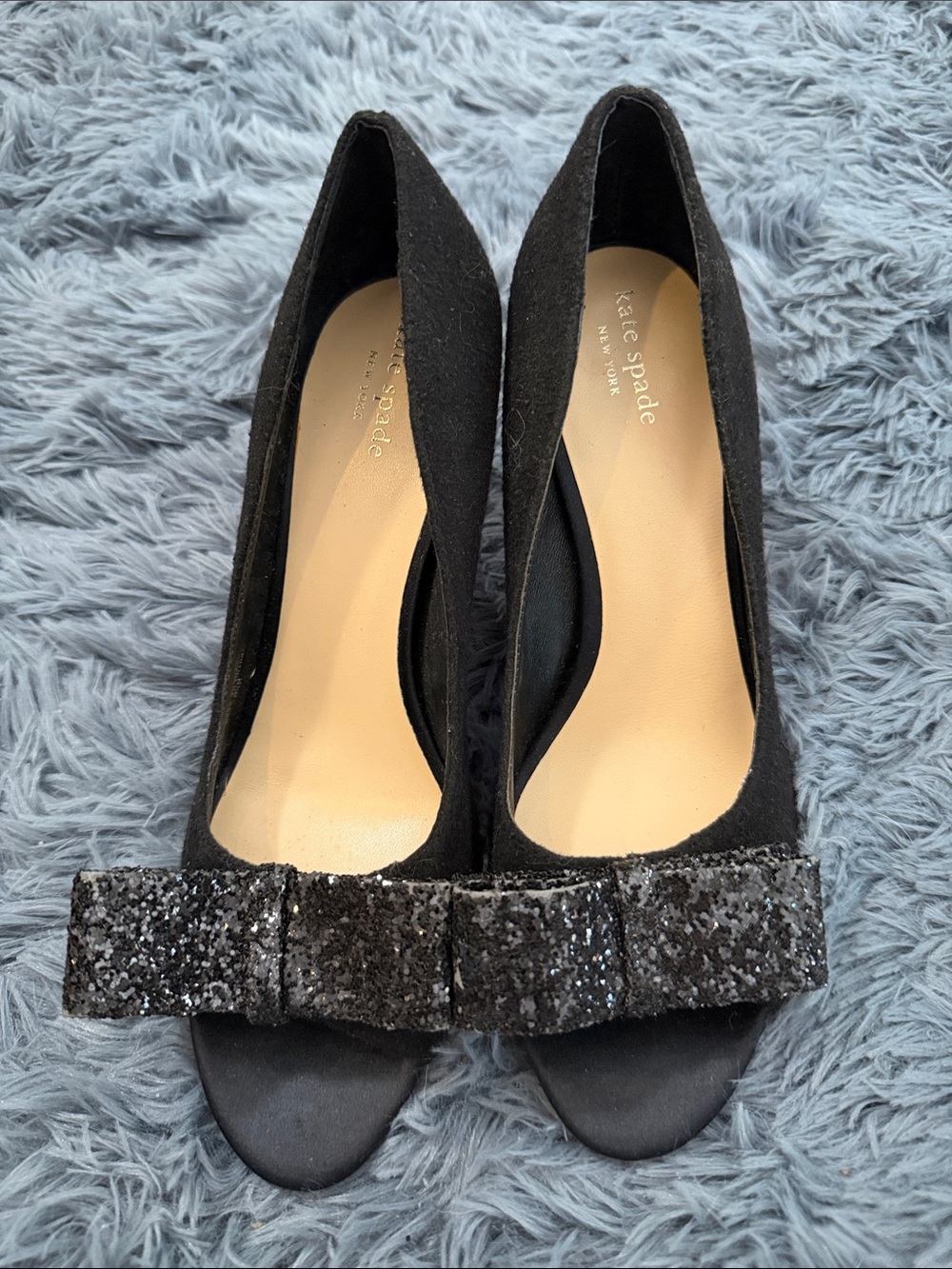 kate spade Black Glitter Bow Peep Toe Pumps
